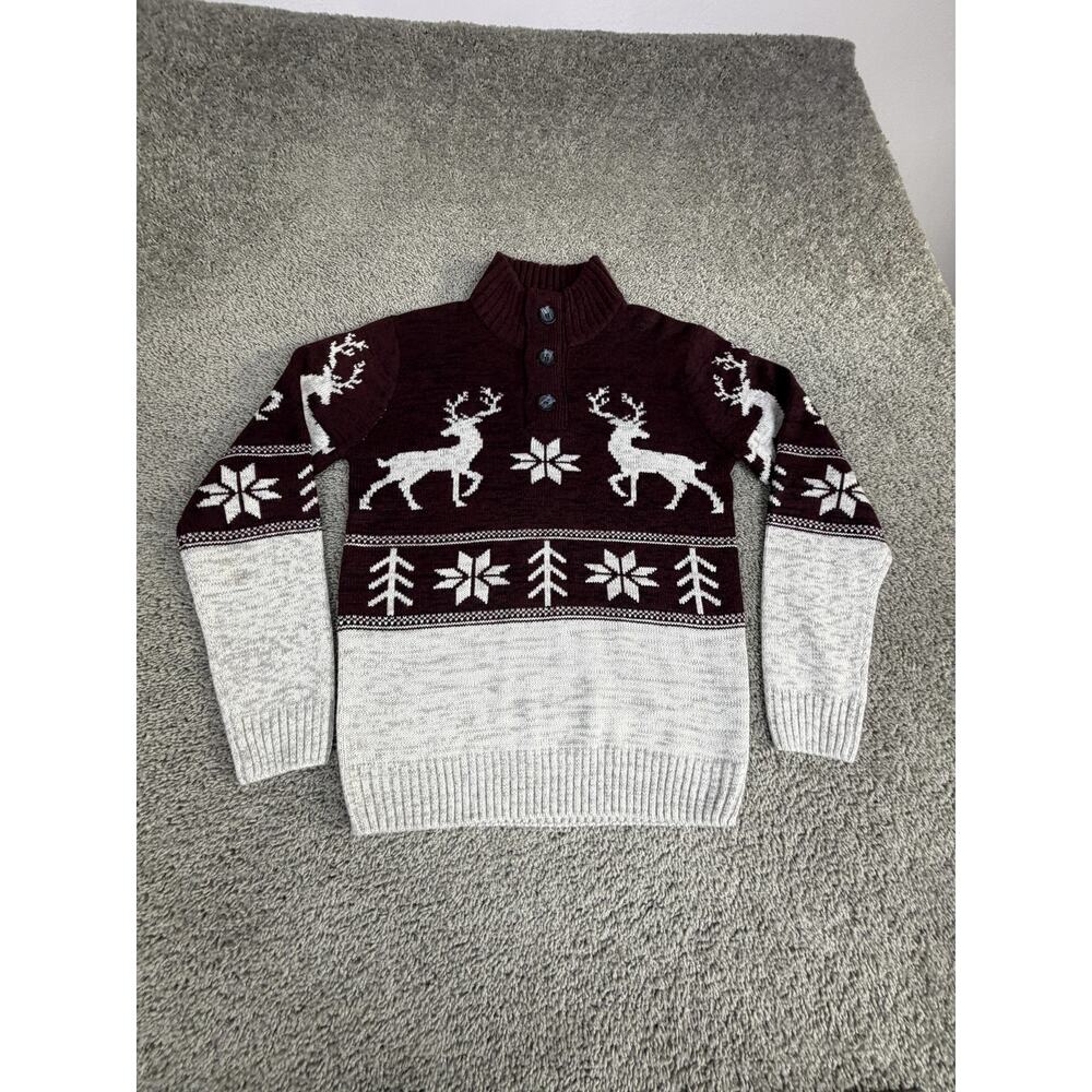 Amongst Others Sweater Mens M Red Gray Reindeer Fair Isle Henley Knit Pullover